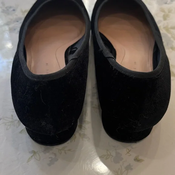Zara Black Velvet Low Block Heel Flats with Pearl Bee Accent - Picture 4 of 5